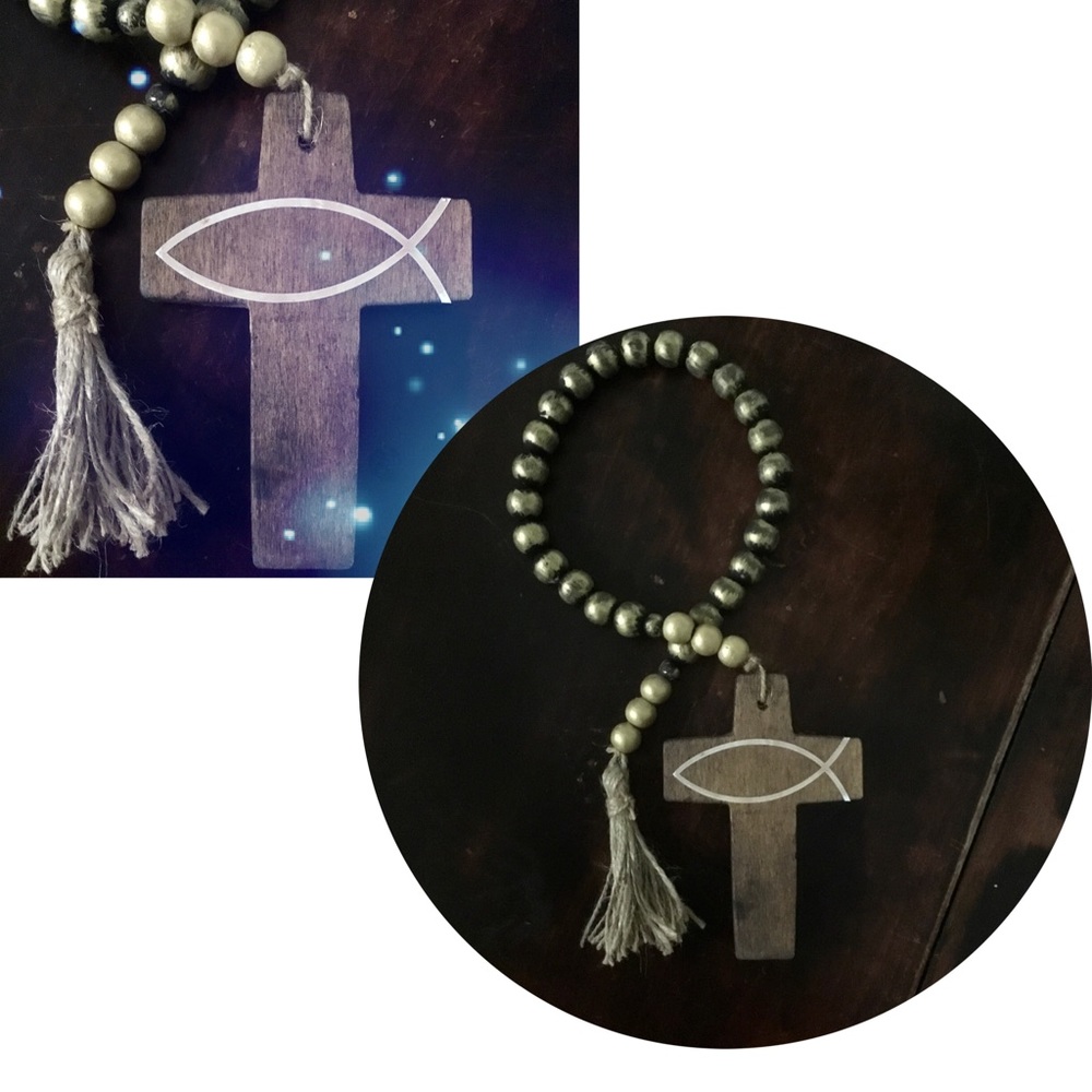 Wood cross with gold and black wood beads